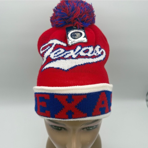 Texas Knit Pom Beanie Hat Red Blue Cuffed Winter Acrylic One Size Unisex Warm - Picture 2 of 7